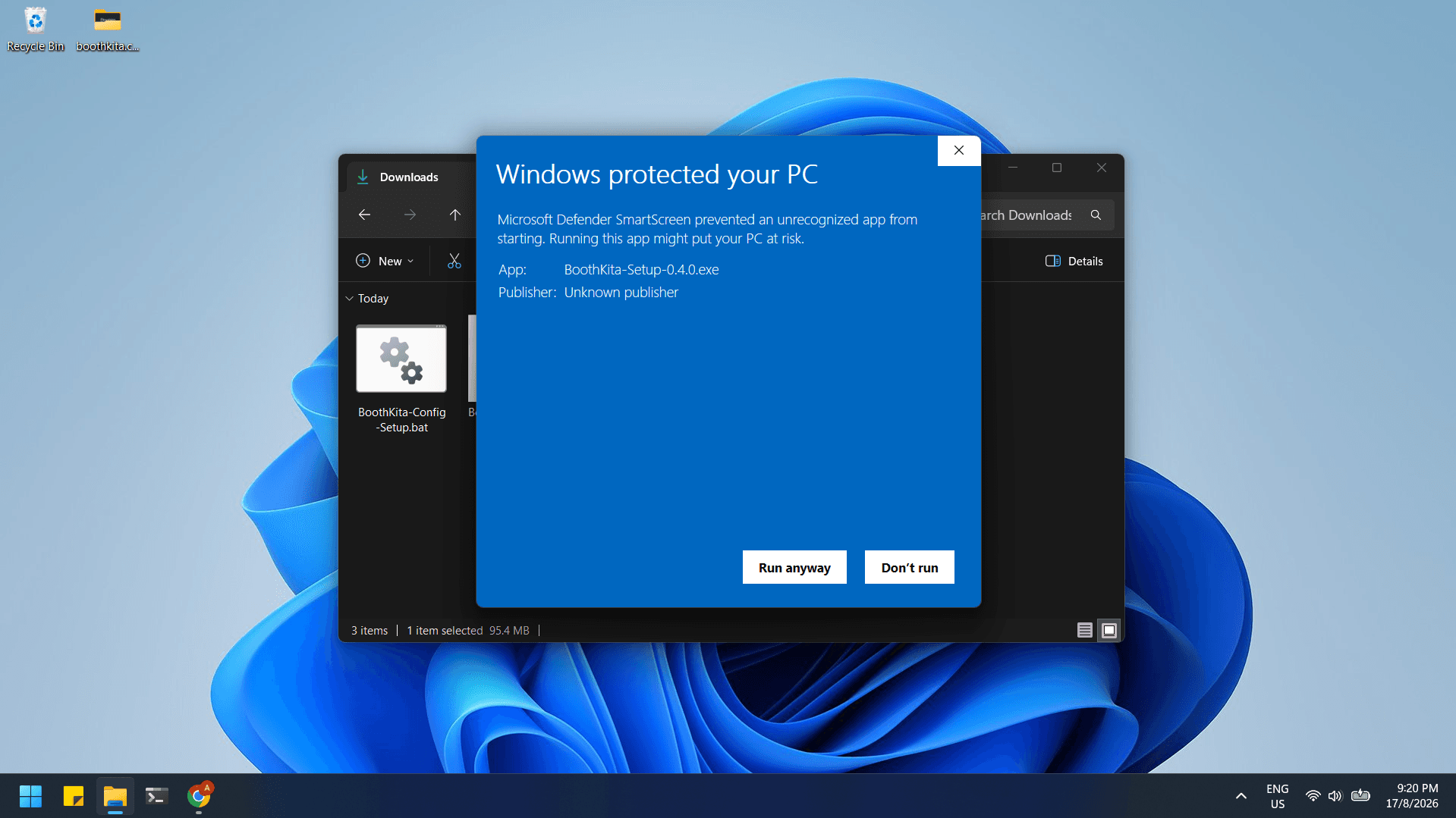 'Windows protected your PC' SmartScreen warning shown when running the unsigned BoothKita-Setup installer