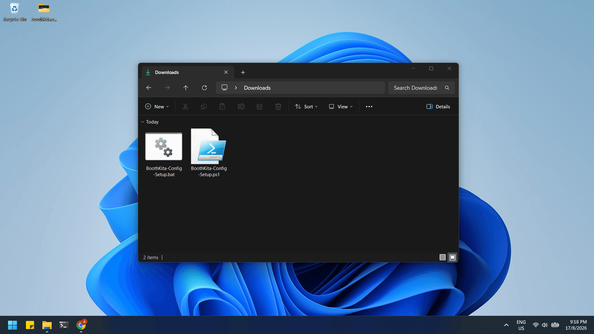 BoothKita-Config-Setup.bat and BoothKita-Config-Setup.ps1 saved together in the Downloads folder