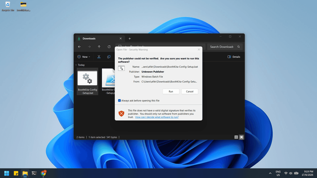 Windows 'Open File - Security Warning' dialog shown when running the unsigned BoothKita-Config-Setup.bat