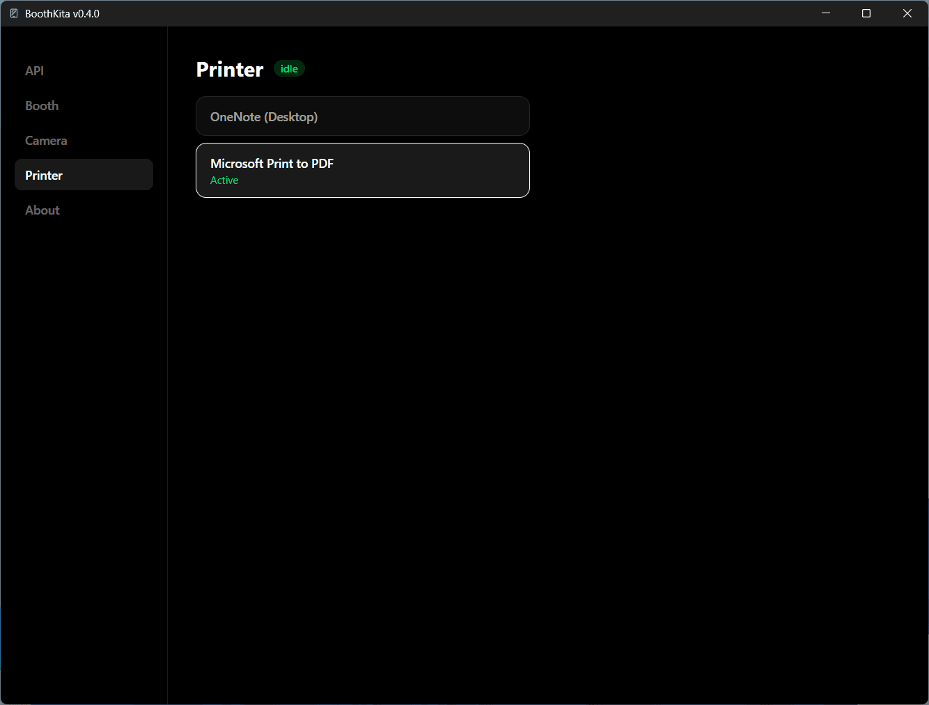 Kiosk Settings screen Printer tab with Microsoft Print to PDF selected as active