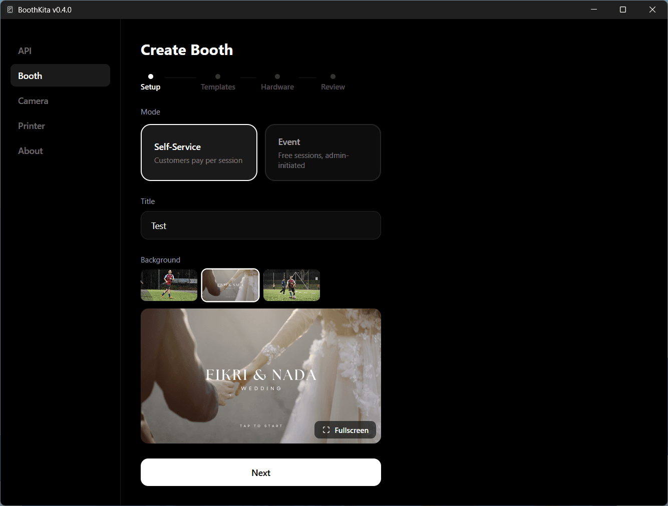 Create Booth wizard Setup step with mode selection, title, and background picker