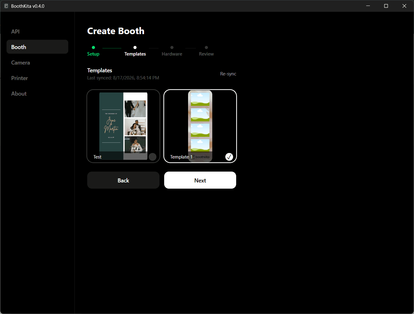 Create Booth wizard Templates step with template thumbnails to select