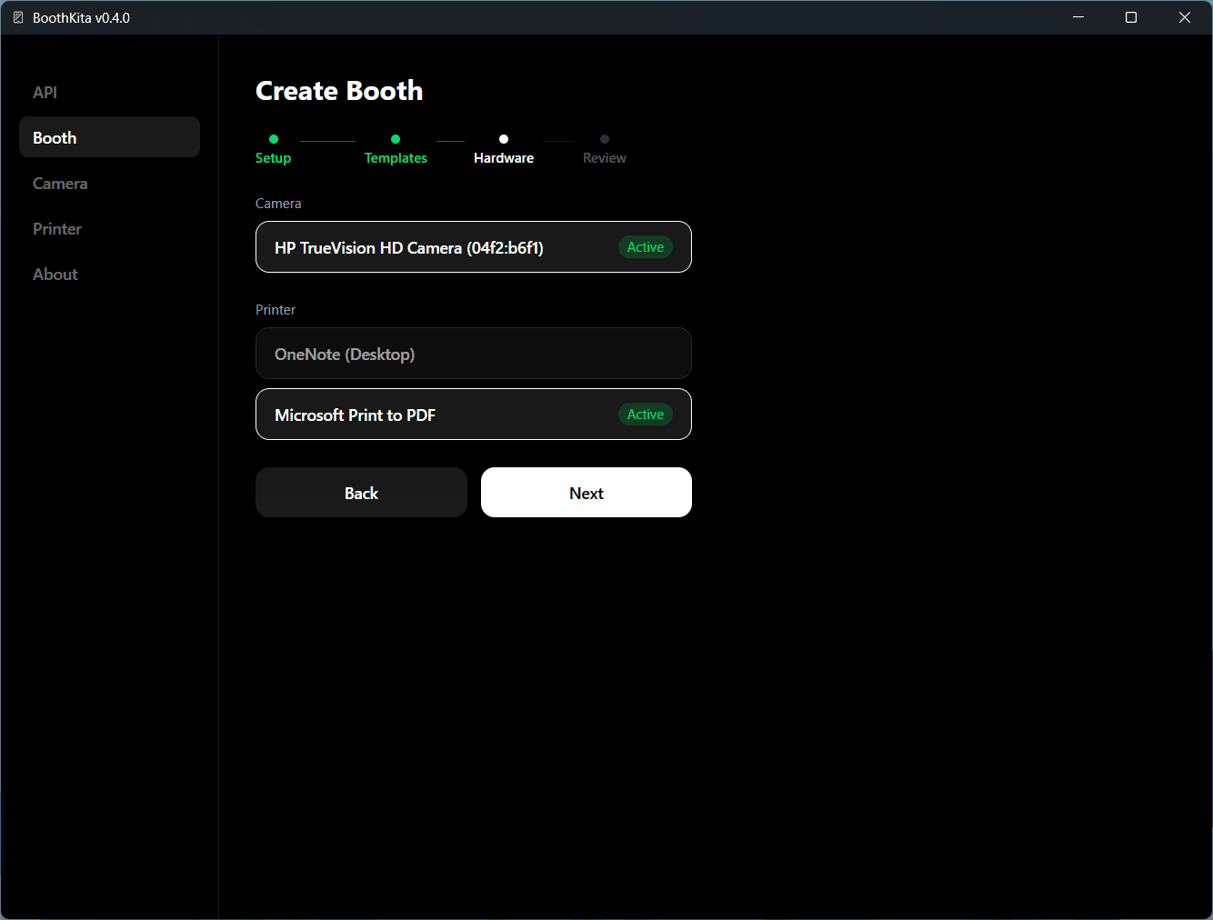 Create Booth wizard Hardware step confirming the active camera and printer
