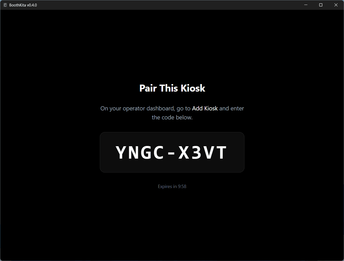 Kiosk Pairing screen showing a pairing code and countdown timer