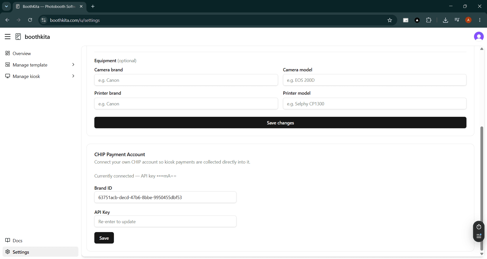 Dashboard Settings page with the CHIP Payment Account form, showing a connected account