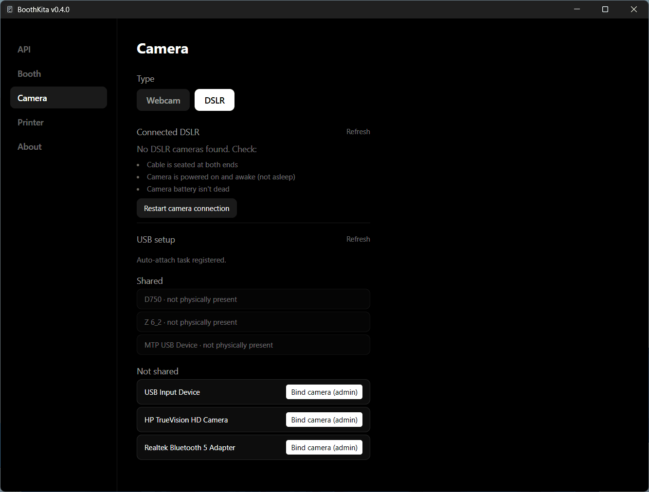 Kiosk Settings screen Camera tab with the DSLR USB setup panel