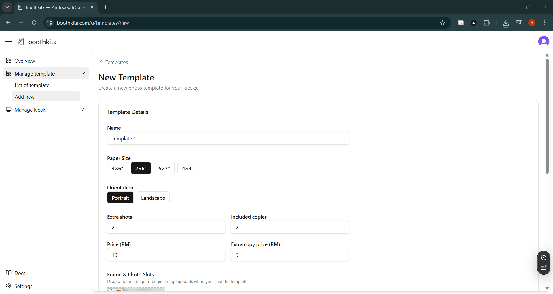 New Template form with name, paper size, orientation, and pricing fields