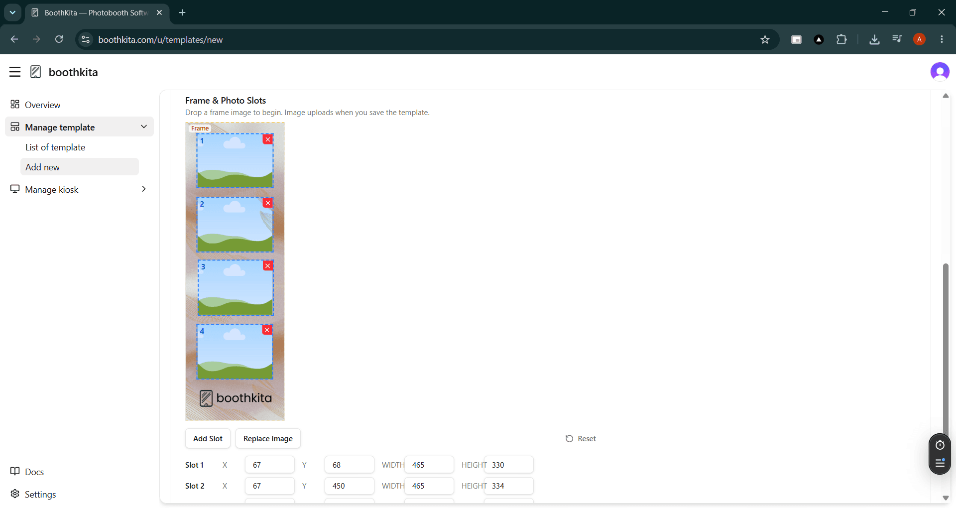 Frame and Photo Slots canvas editor with draggable slot rectangles